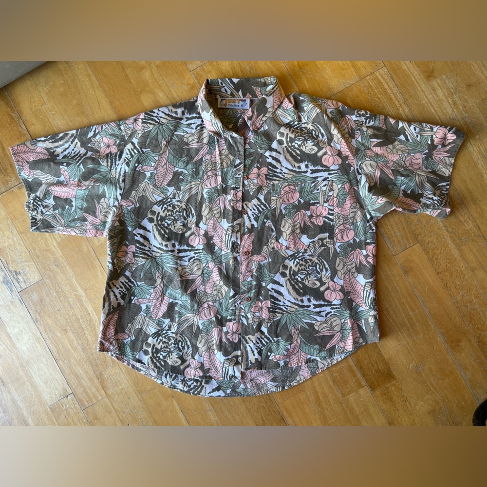 Just Cristina Floral and Tiger Print Shirt Vintage 90s  beach BoHo